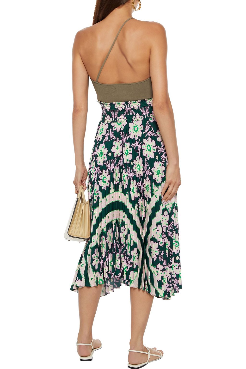 A.L.C. Sonali shirred printed plissé crepe de chine midi skirt