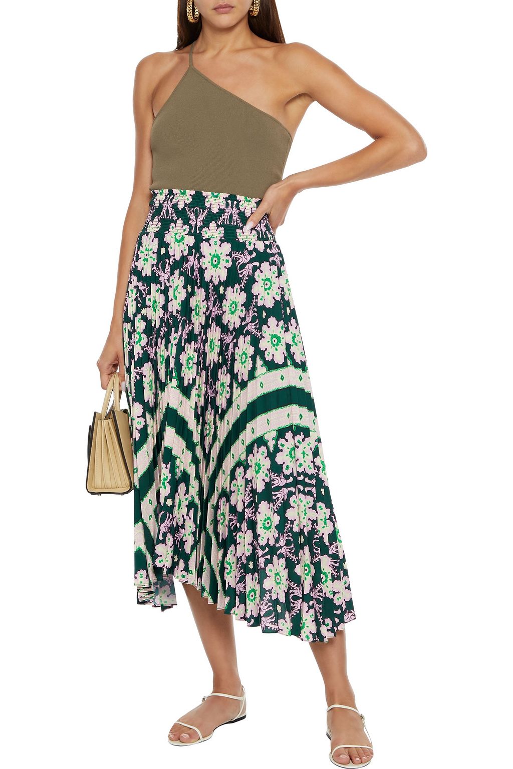 A.L.C. Sonali shirred printed plissé crepe de chine midi skirt