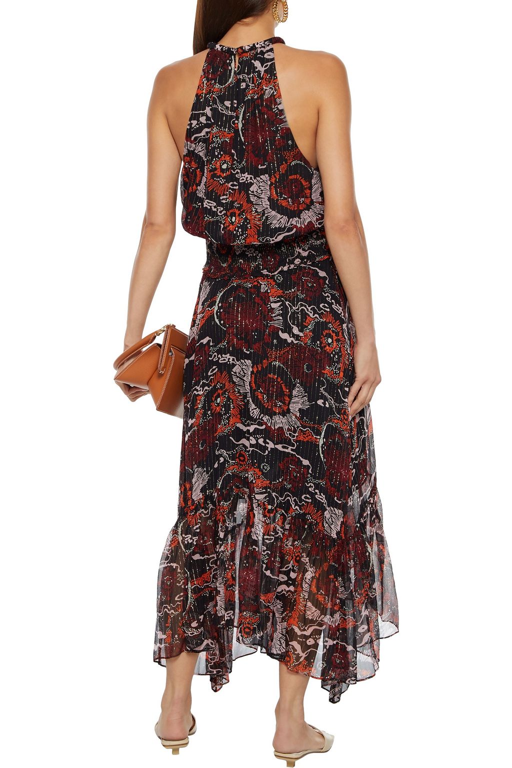 A.L.C. Bardot shirred printed metallic silk-blend crepon midi dress