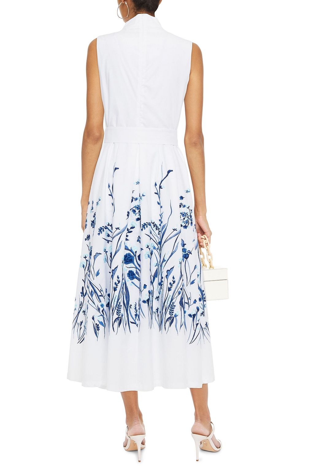 LELA ROSE Belted embroidered gingham cotton-poplin midi dress