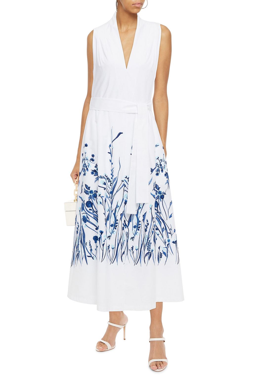 LELA ROSE Belted embroidered gingham cotton-poplin midi dress