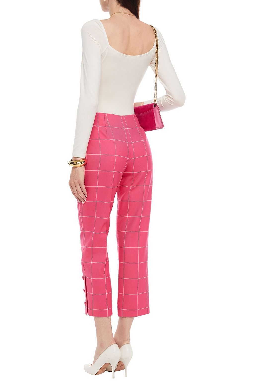 LELA ROSE Cropped embellished checked wool straight-leg pants