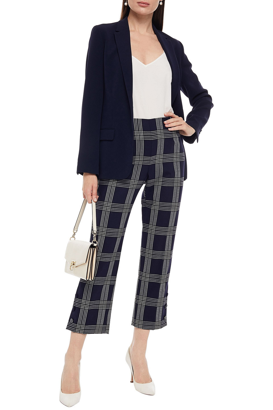 Lela Rose Cropped Embellished Checked Twill Straight-leg Trousers In Blue