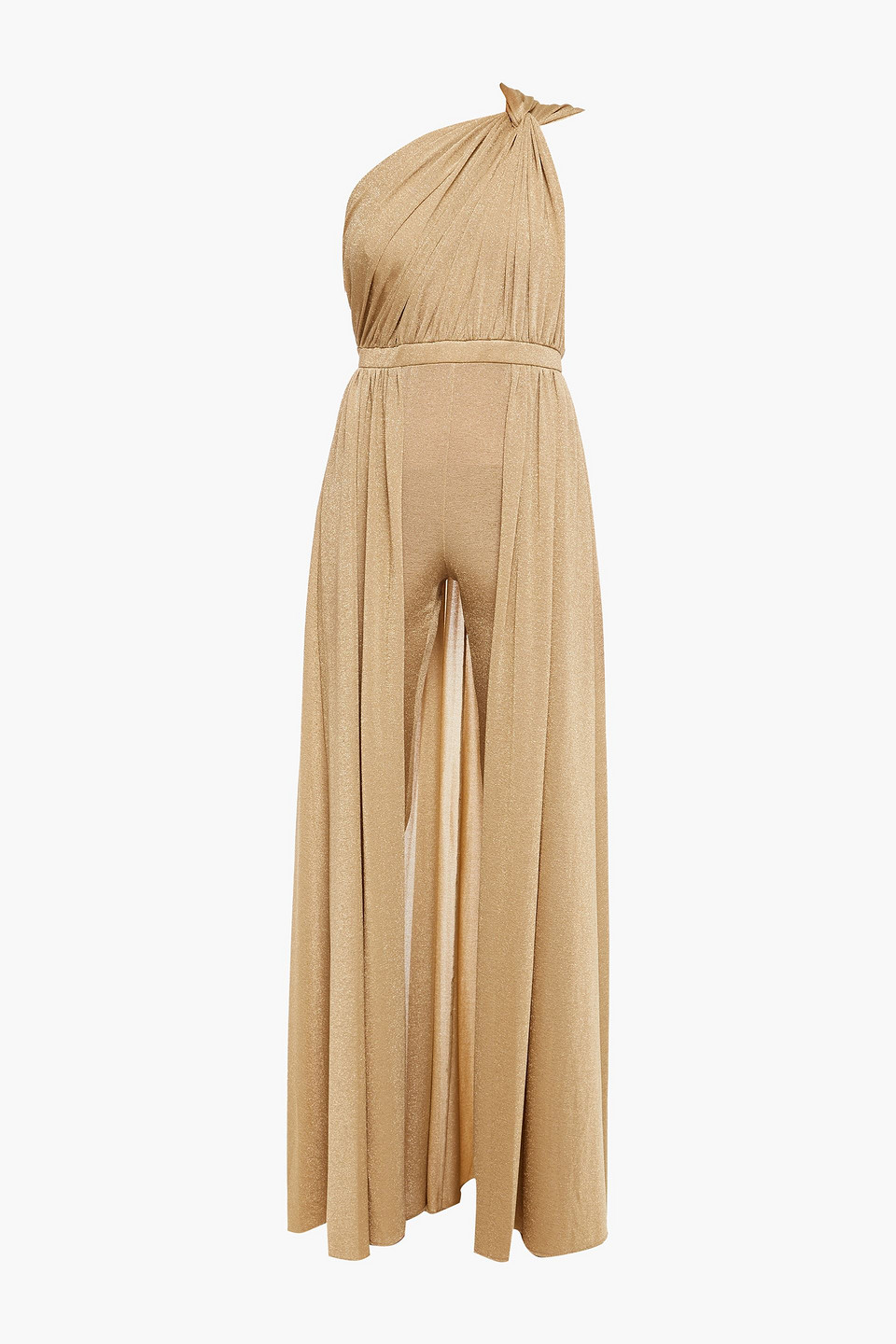 halston - ira one-shoulder twist-front layered lurex jumpsuit - metallic - us 4