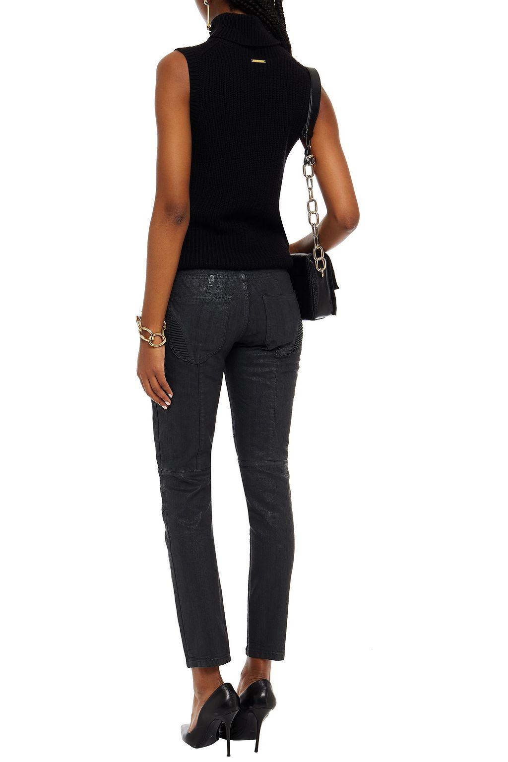 PIERRE BALMAIN Moto-style coated mid-rise skinny jeans