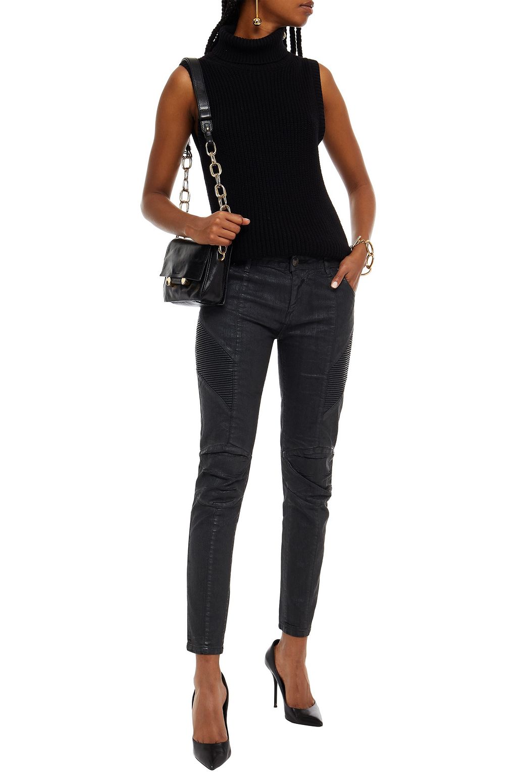 PIERRE BALMAIN Moto-style coated mid-rise skinny jeans