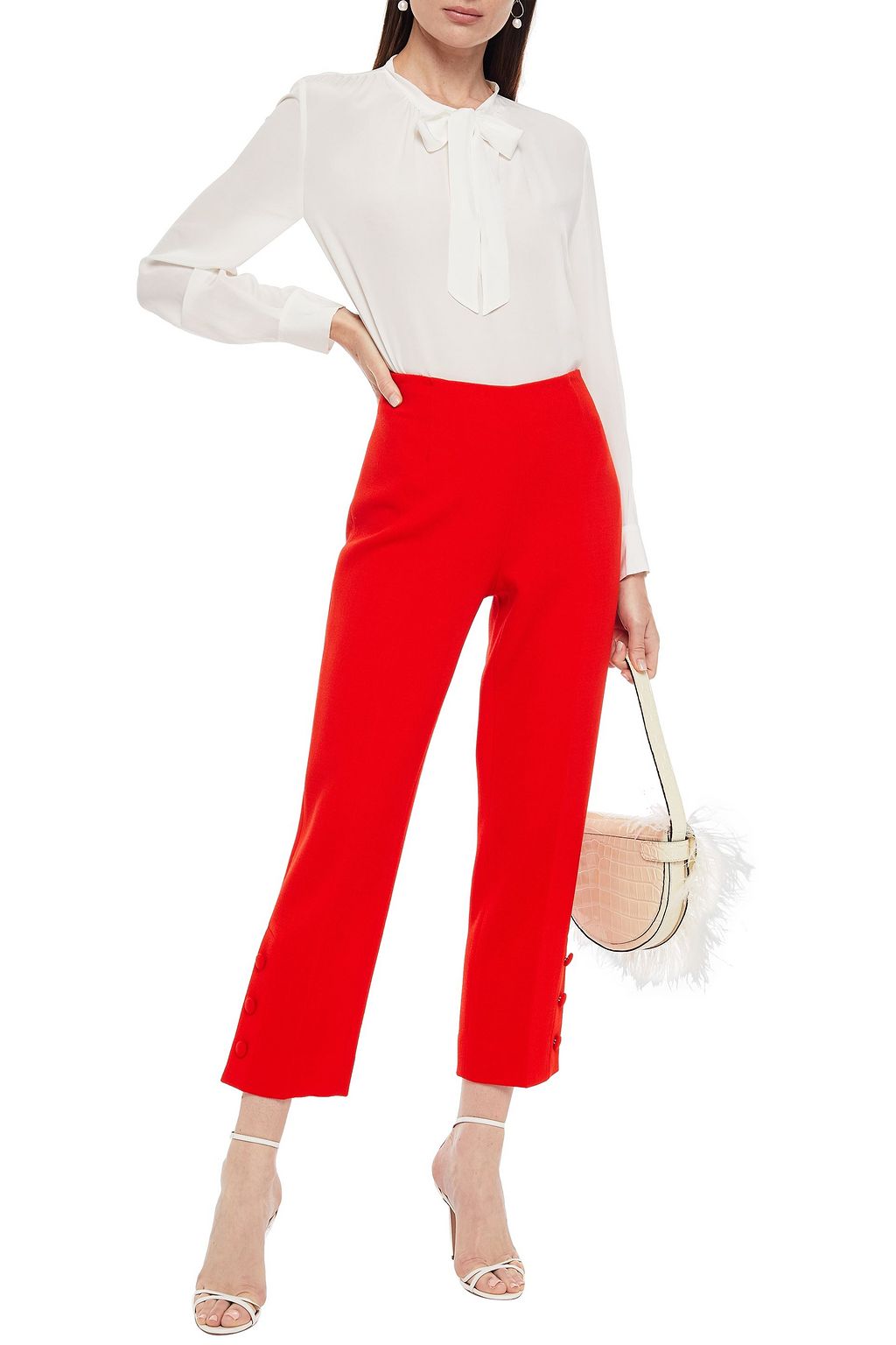 LELA ROSE Cropped embellished wool-blend crepe straight-leg pants
