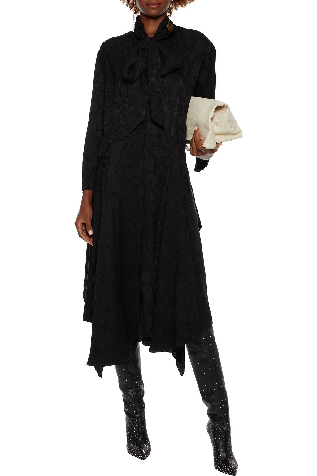 CHLOÉ Pussy-bow crinkled satin-jacquard midi dress