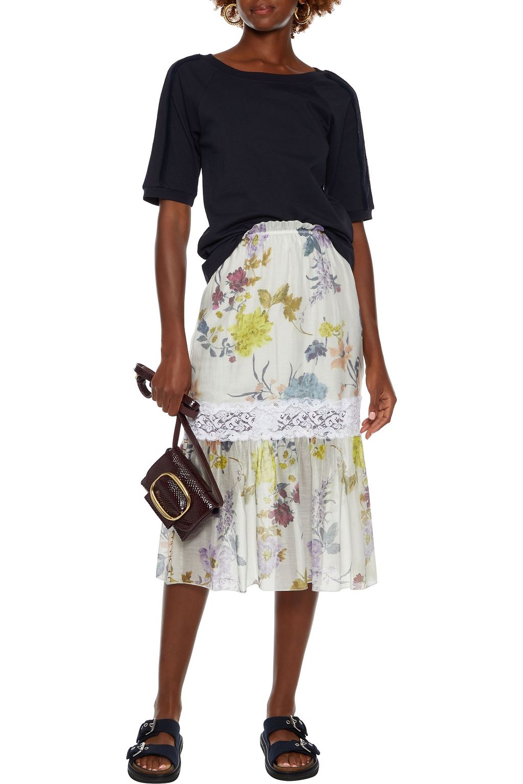 SEE BY CHLOÉ Lace-trimmed floral-print voile midi skirt