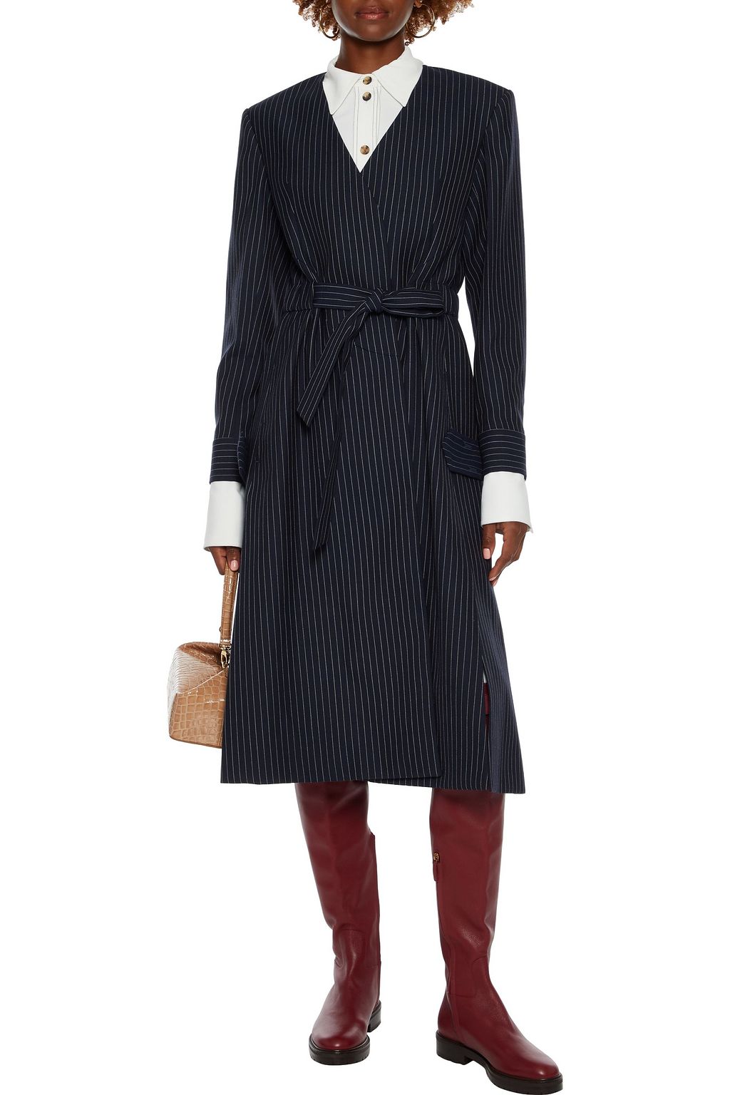 CHLOÉ Belted pinstriped grain de poudre wool coat