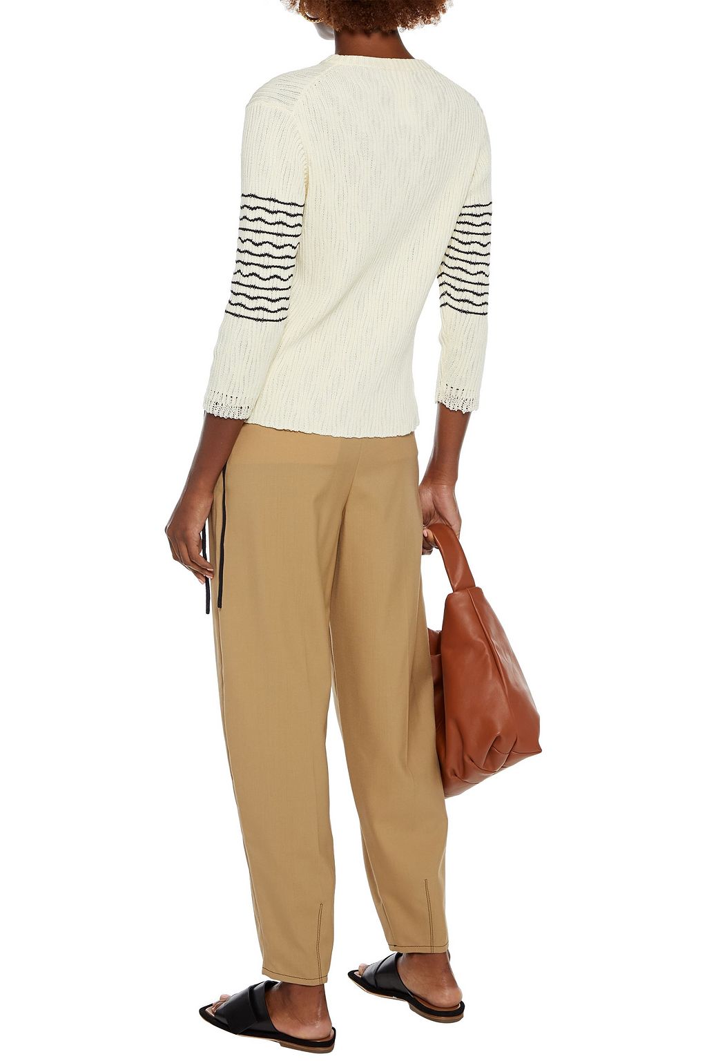 CHLOÉ Lace-up striped ribbed cotton and wool-blend sweater