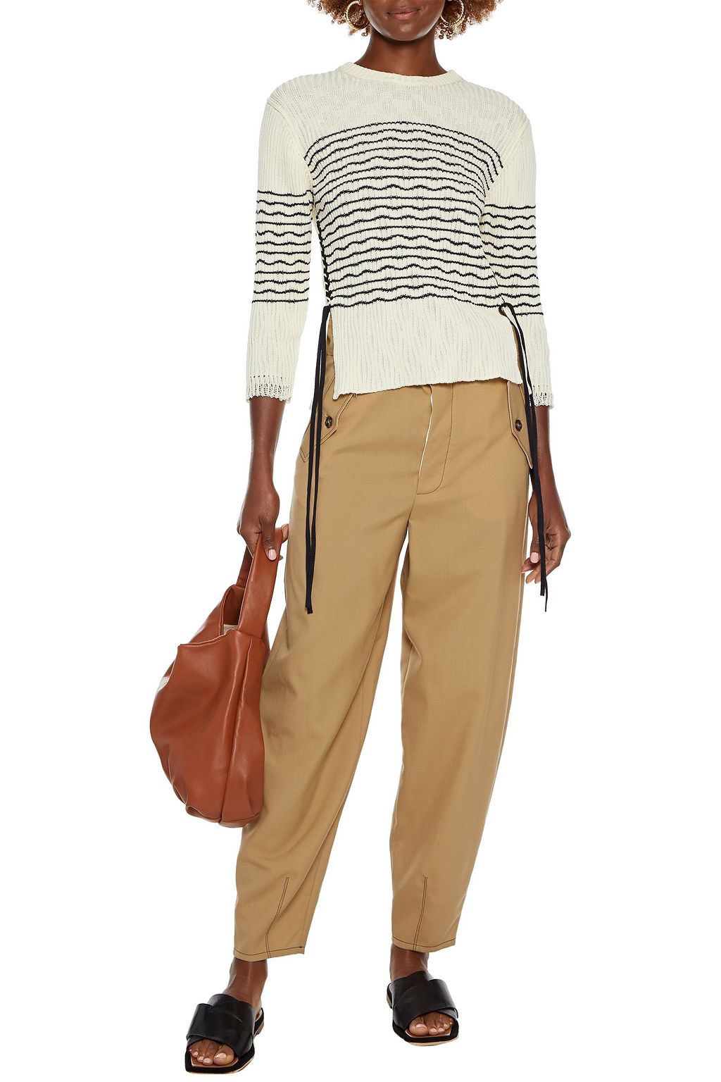CHLOÉ Lace-up striped ribbed cotton and wool-blend sweater