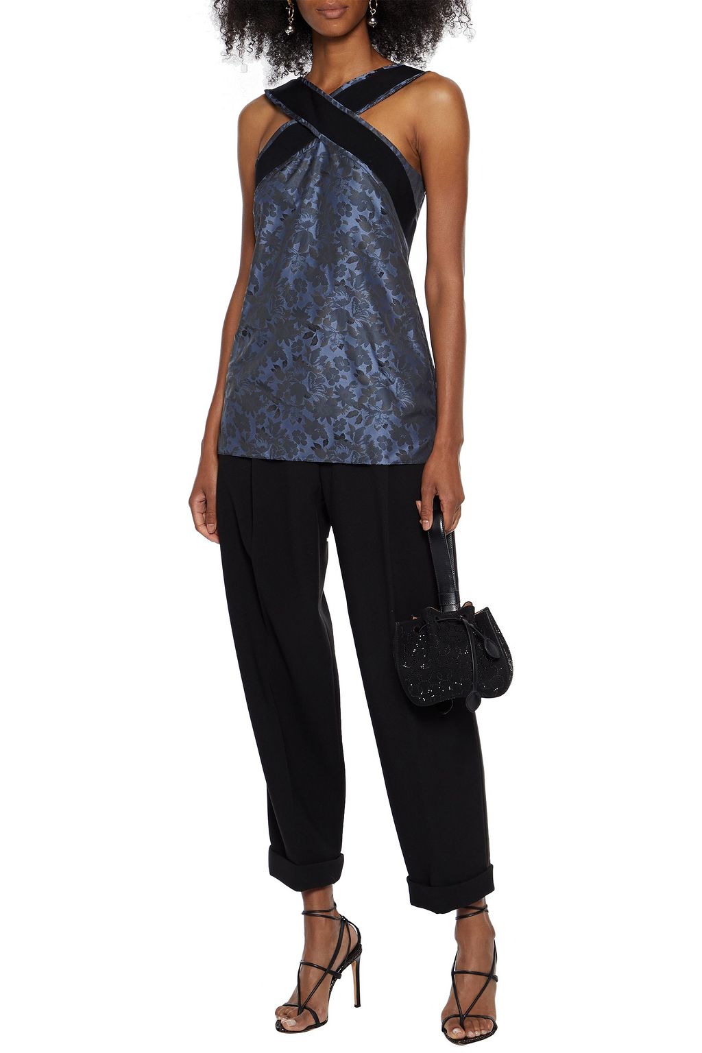 ERDEM Orla crossover grosgrain-trimmed floral-jacquard top