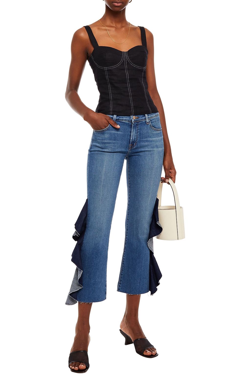 J BRAND Cropped ruffled mid-rise bootcut jeans