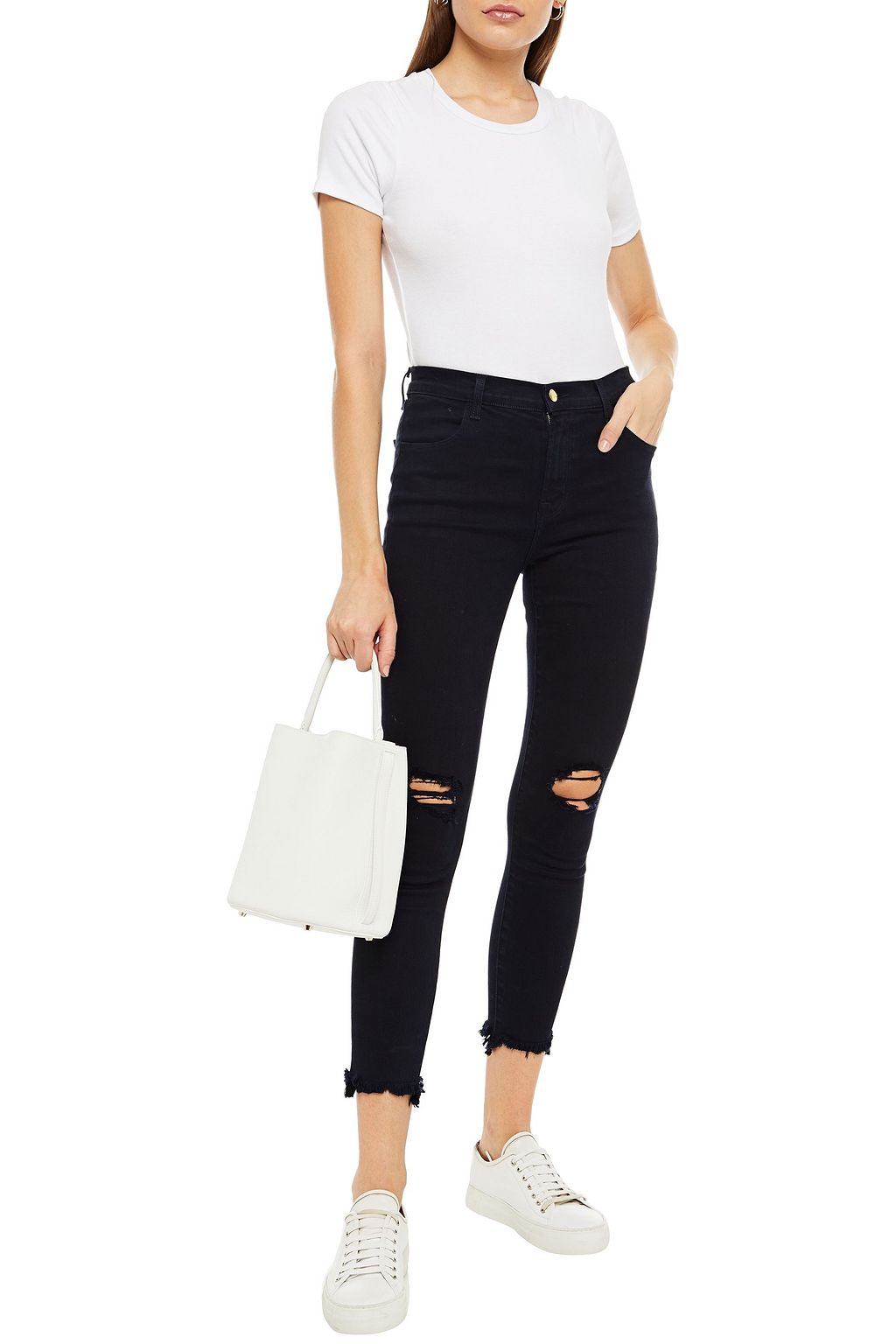 J BRAND Hoch sitzende Skinny Jeans in Distressed-Optik