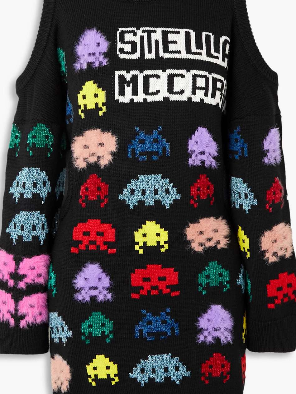 game on cold-shoulder intarsia-knit mini dress