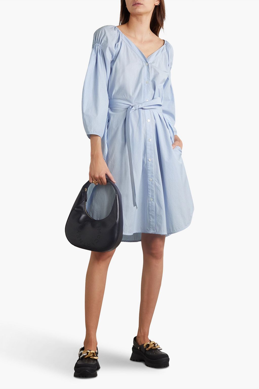 STELLA MCCARTNEY Belted pinstriped cotton-poplin mini dress