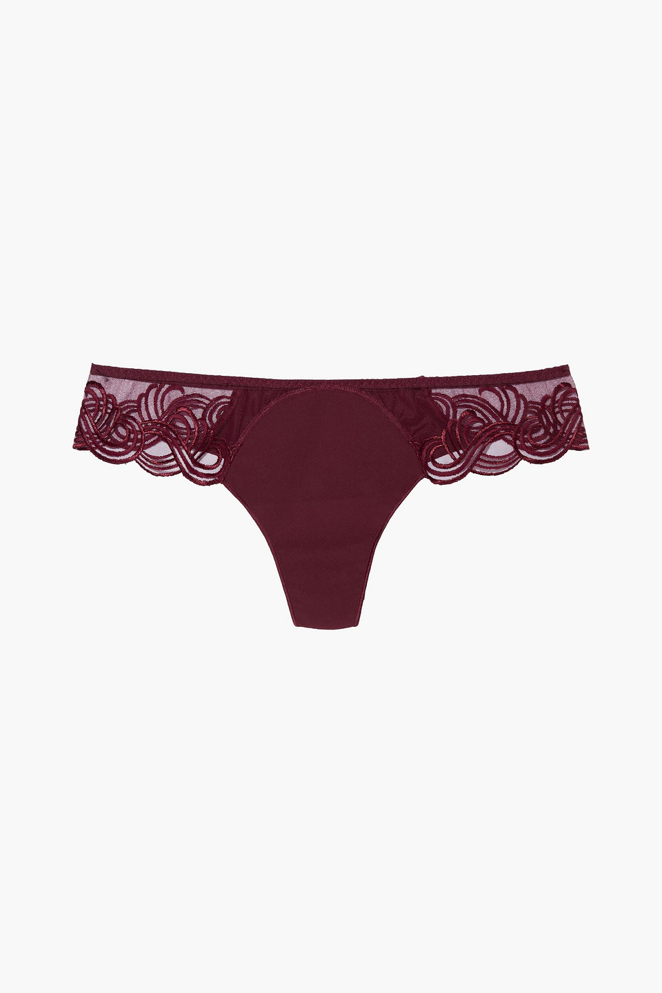 Simone Perele Surprenante Paneled Embroidered Tulle And Jersey Low-rise Thong In Burgundy