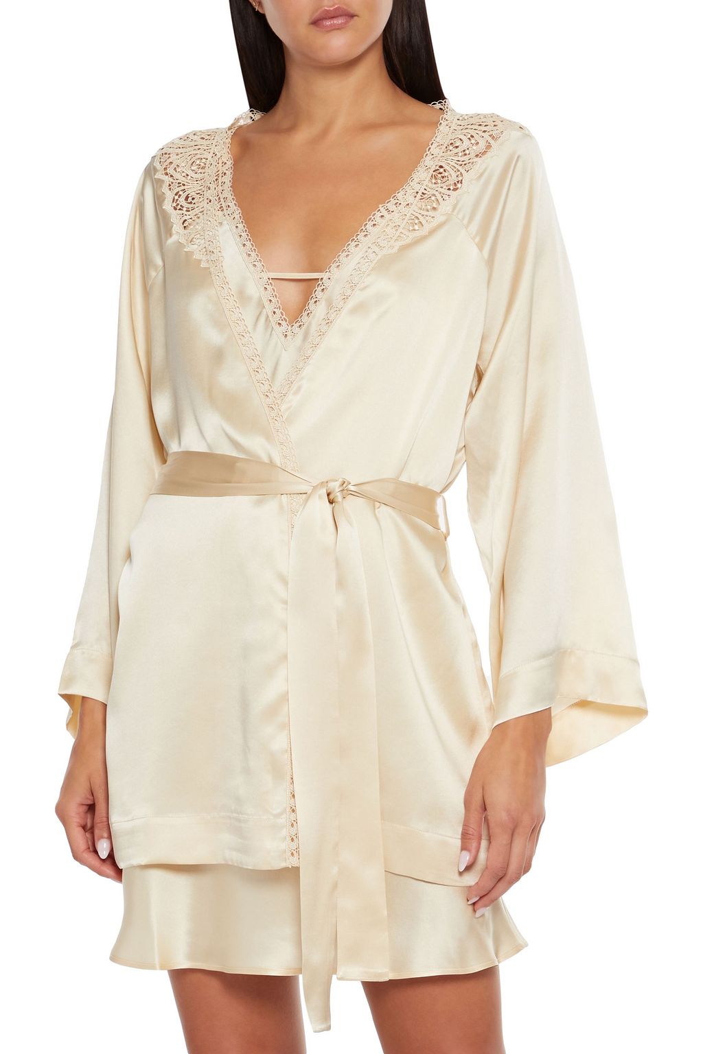 SIMONE PÉRÈLE Guipure lace-trimmed silk-blend satin robe