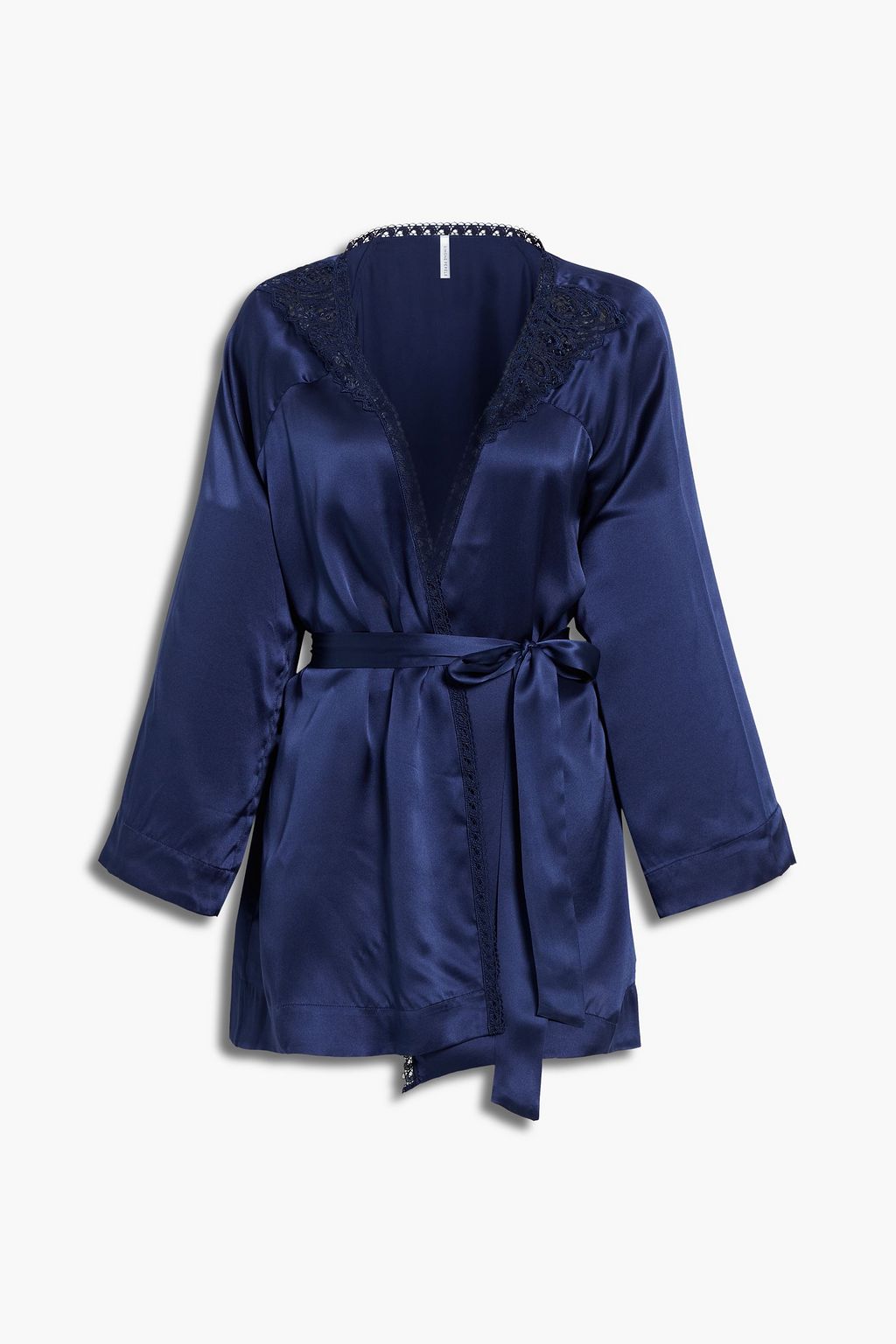 Belted lace-trimmed silk-satin robe