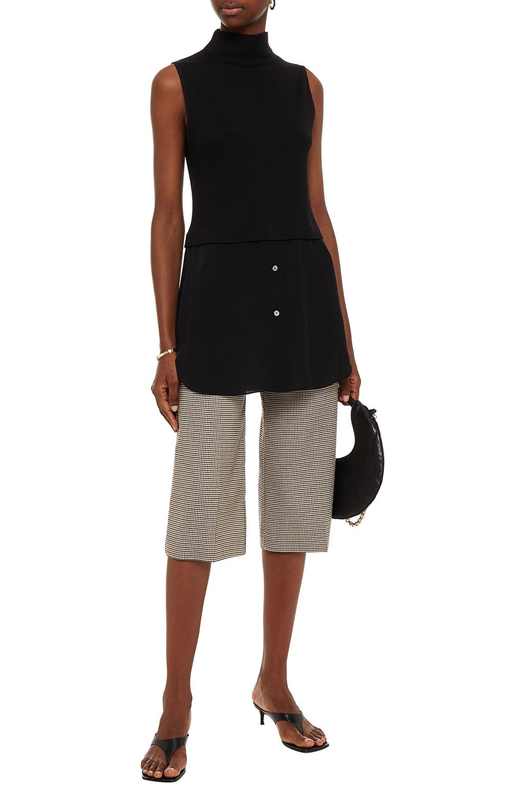 THEORY Crepe de chine-paneled ribbed wool-blend top