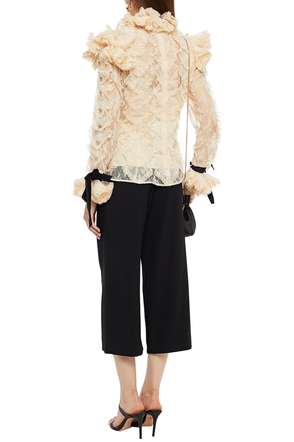 ZIMMERMANN Velvet-trimmed embellished ruffled lace blouse