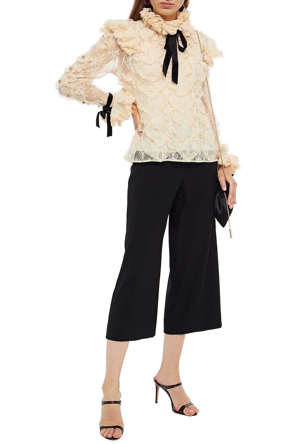 ZIMMERMANN Velvet-trimmed embellished ruffled lace blouse