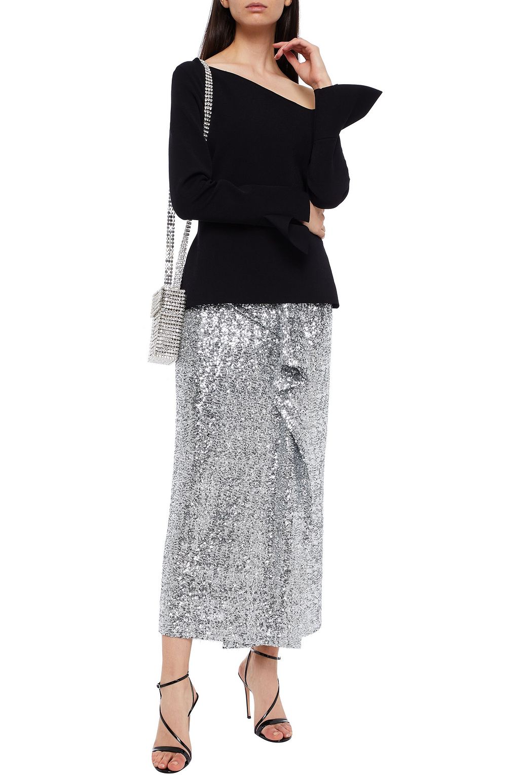 ROLAND MOURET Lowit draped sequined tulle midi skirt