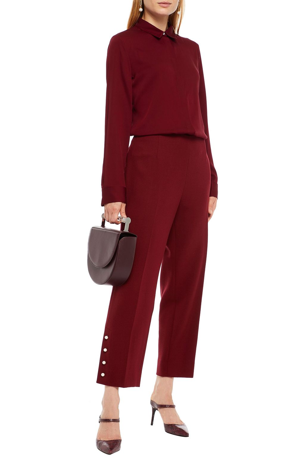 LELA ROSE Cropped aux pearl-embellished wool-blend straight-leg pants