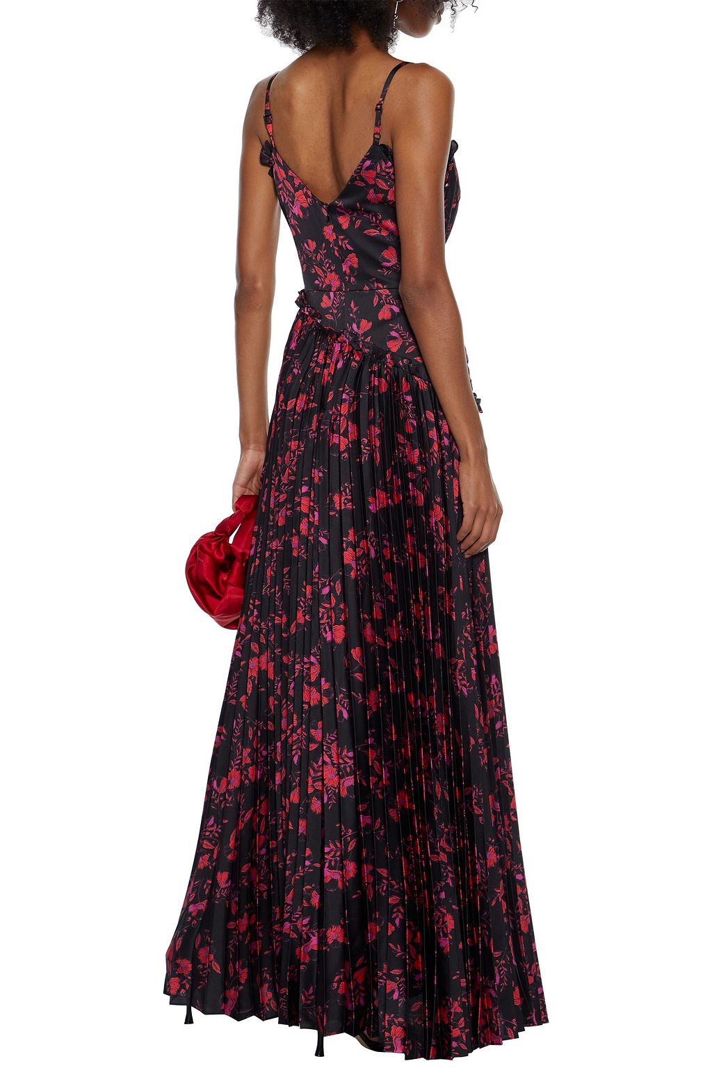ML MONIQUE LHUILLIER Wrap-effect pleated floral-print satin maxi slip dress