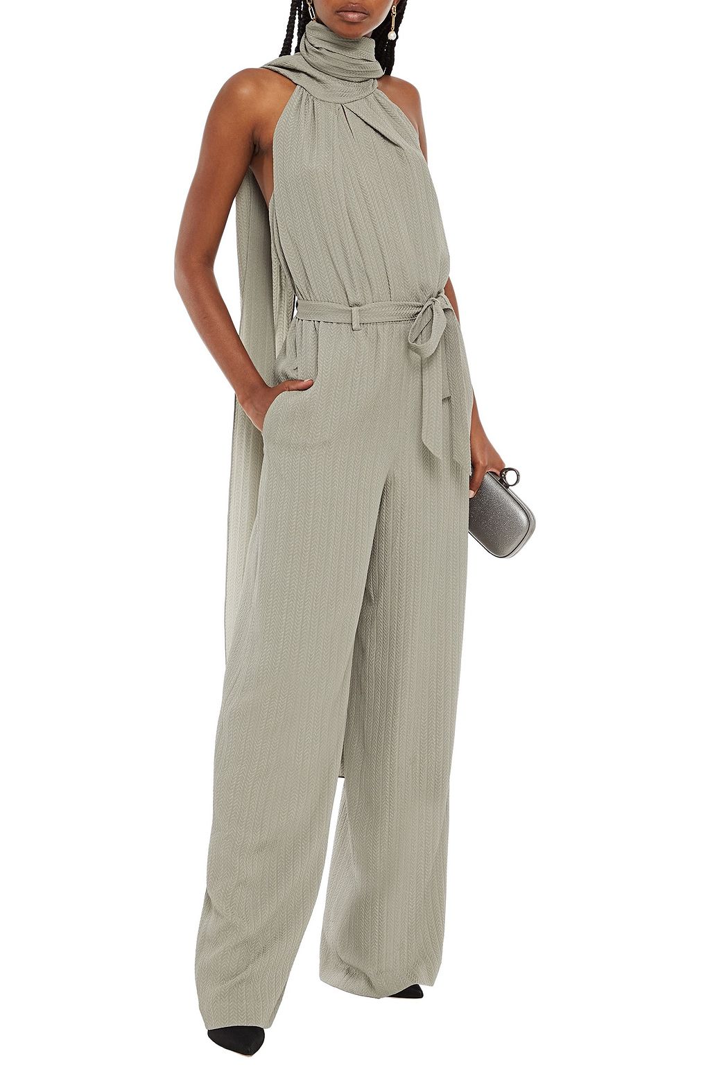 ROLAND MOURET Crossbill gathered silk-jacquard jumpsuit