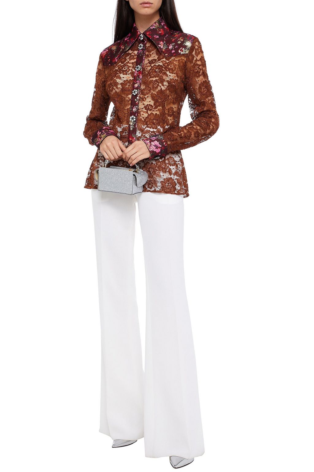 DOLCE&GABBANA Brocade-trimmed crystal-embellished corded lace shirt
