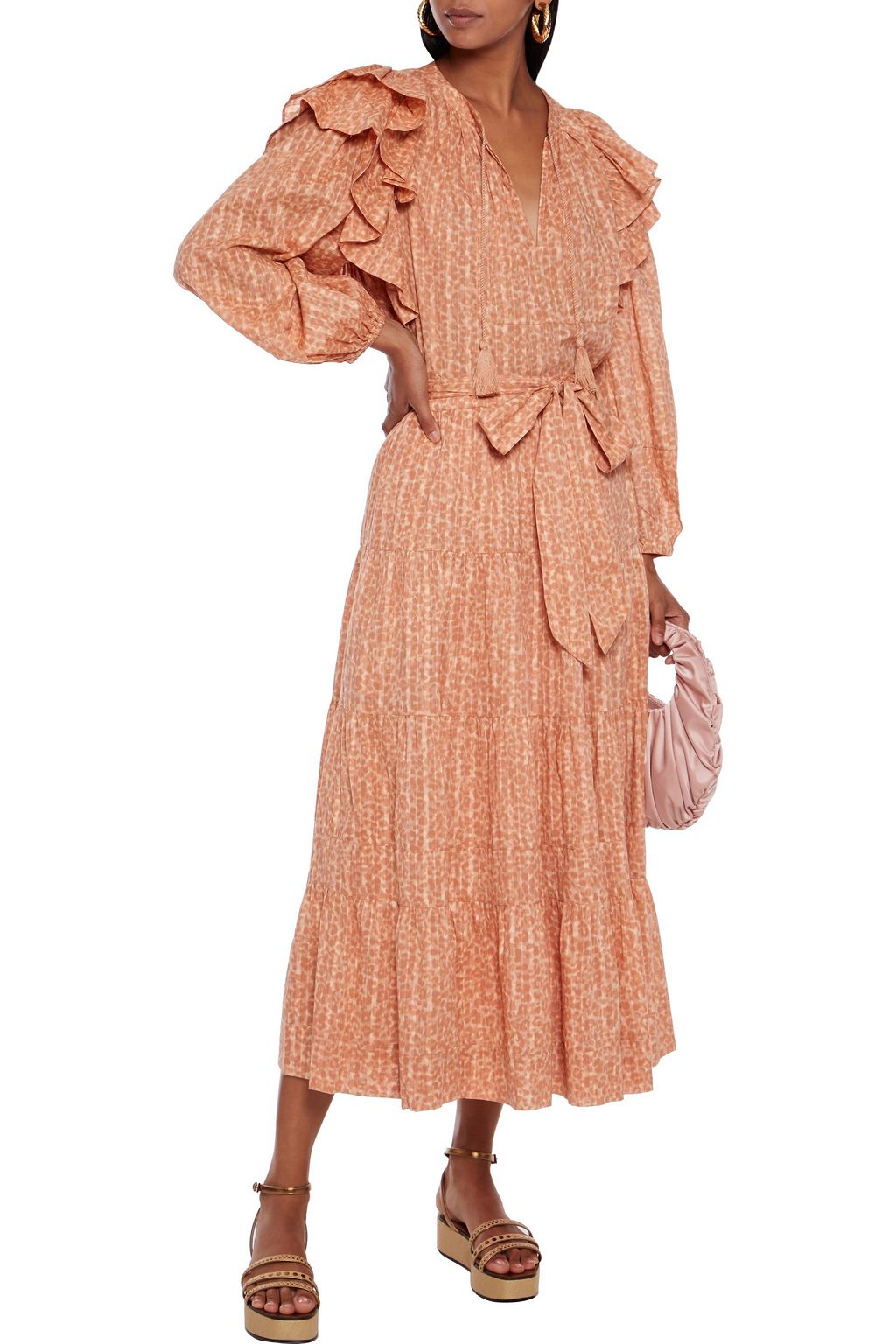ULLA JOHNSON Sierra tiered belted leopard-print cotton-voile midi skirt