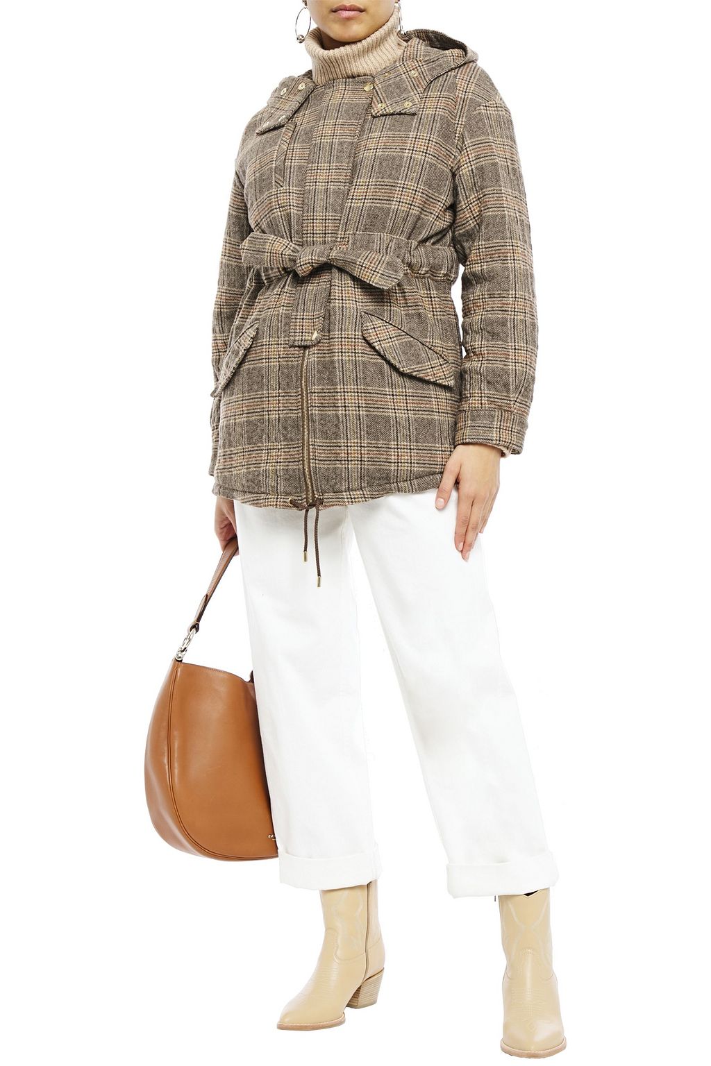 BA&SH Belted Prince of Wales checked wool-blend hooded coat