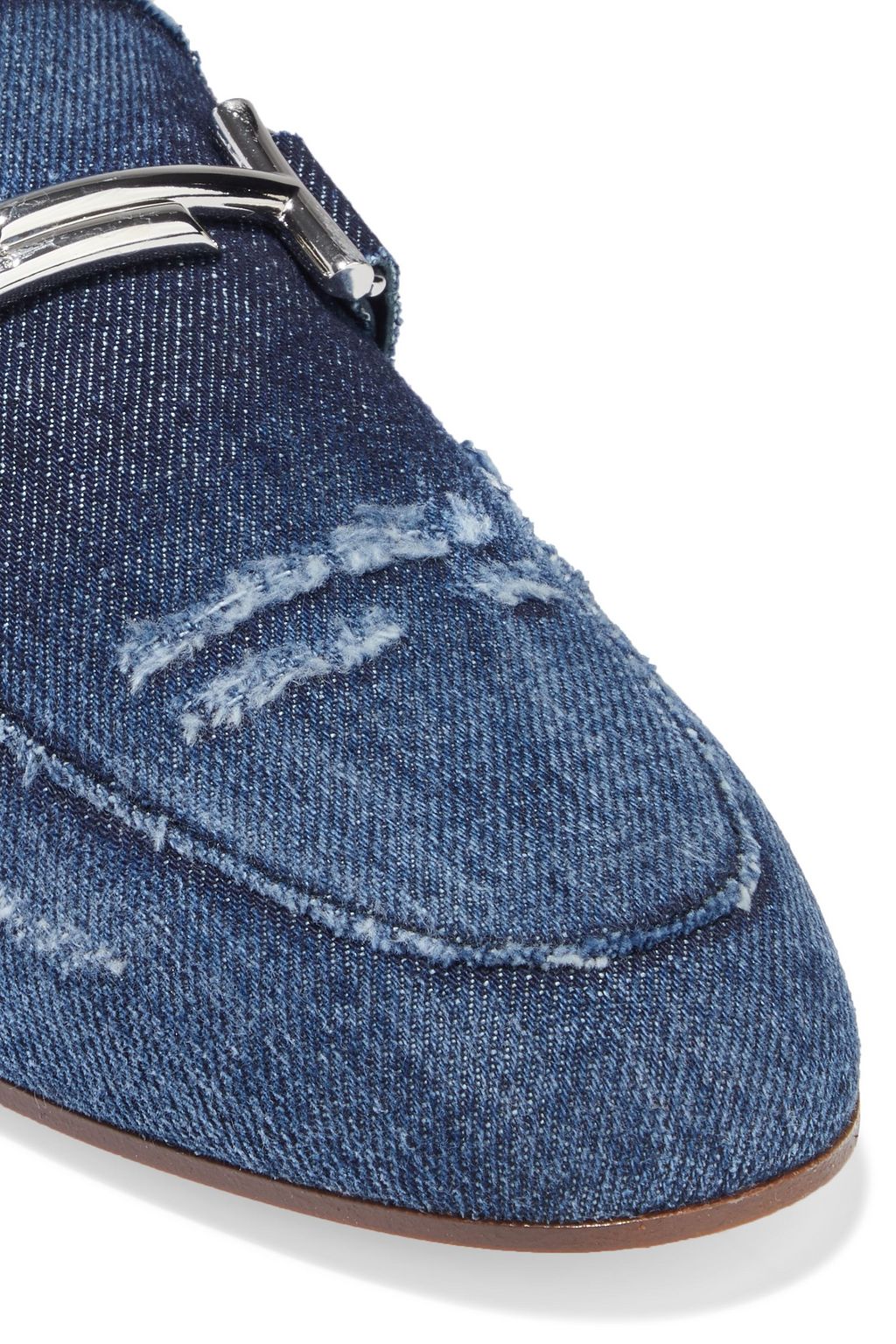 TOD'S Double T embellished distressed denim loafers
