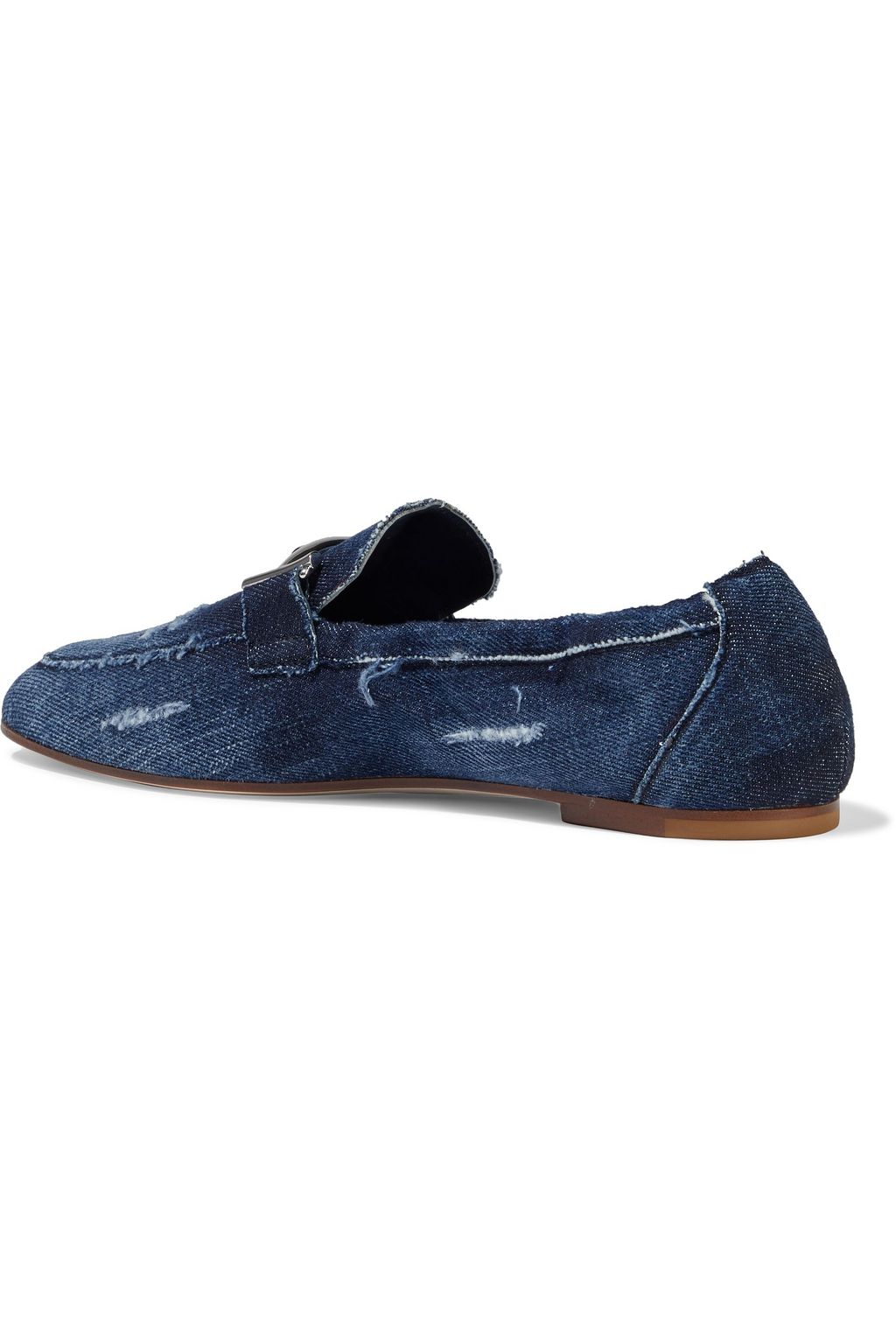TOD'S Double T embellished distressed denim loafers