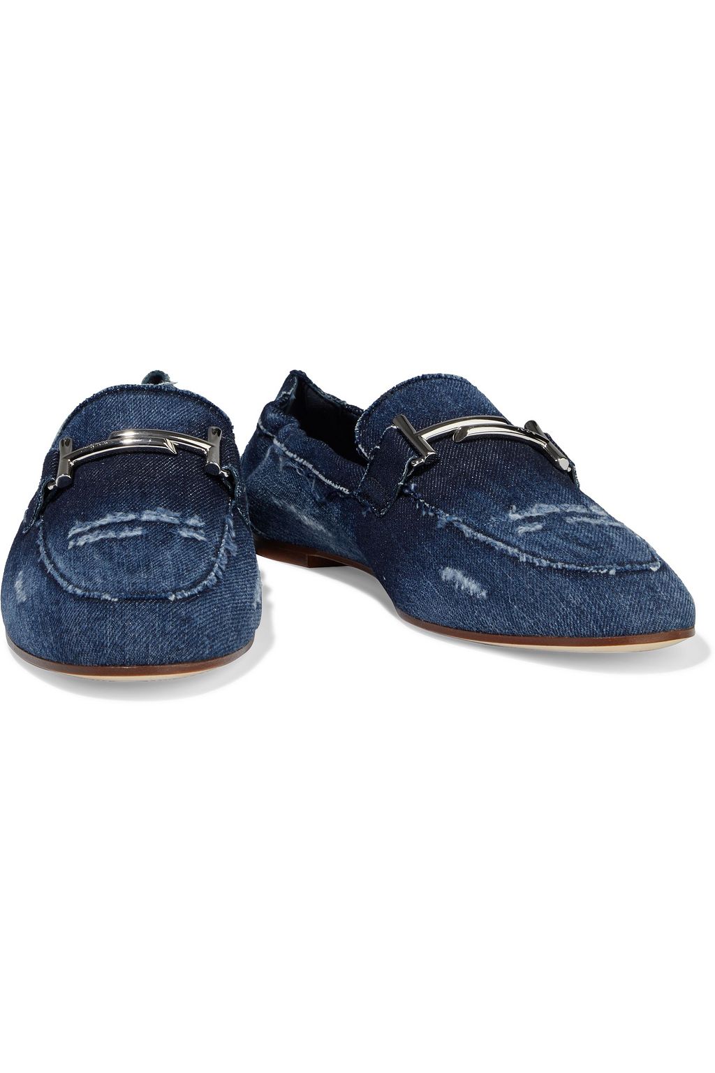 TOD'S Double T embellished distressed denim loafers