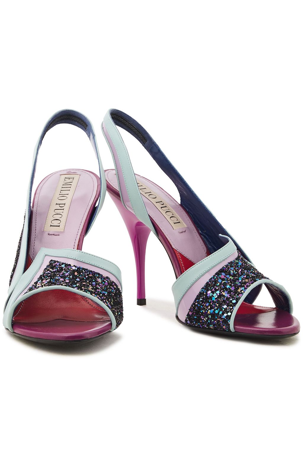 PUCCI Leather, PVC and glittered canvas slingback sandals
