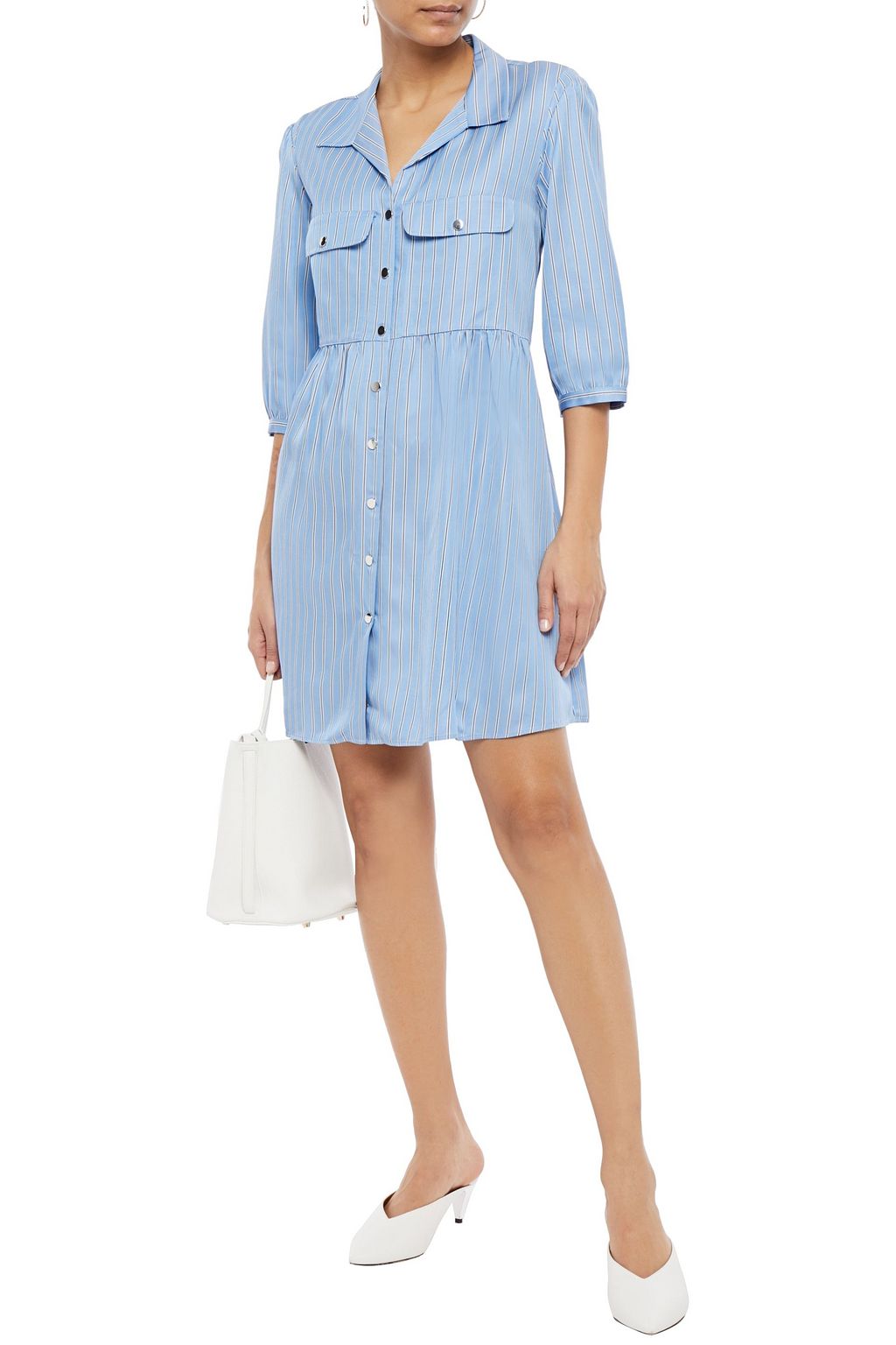 BA&SH Gathered striped-twill mini shirt dress