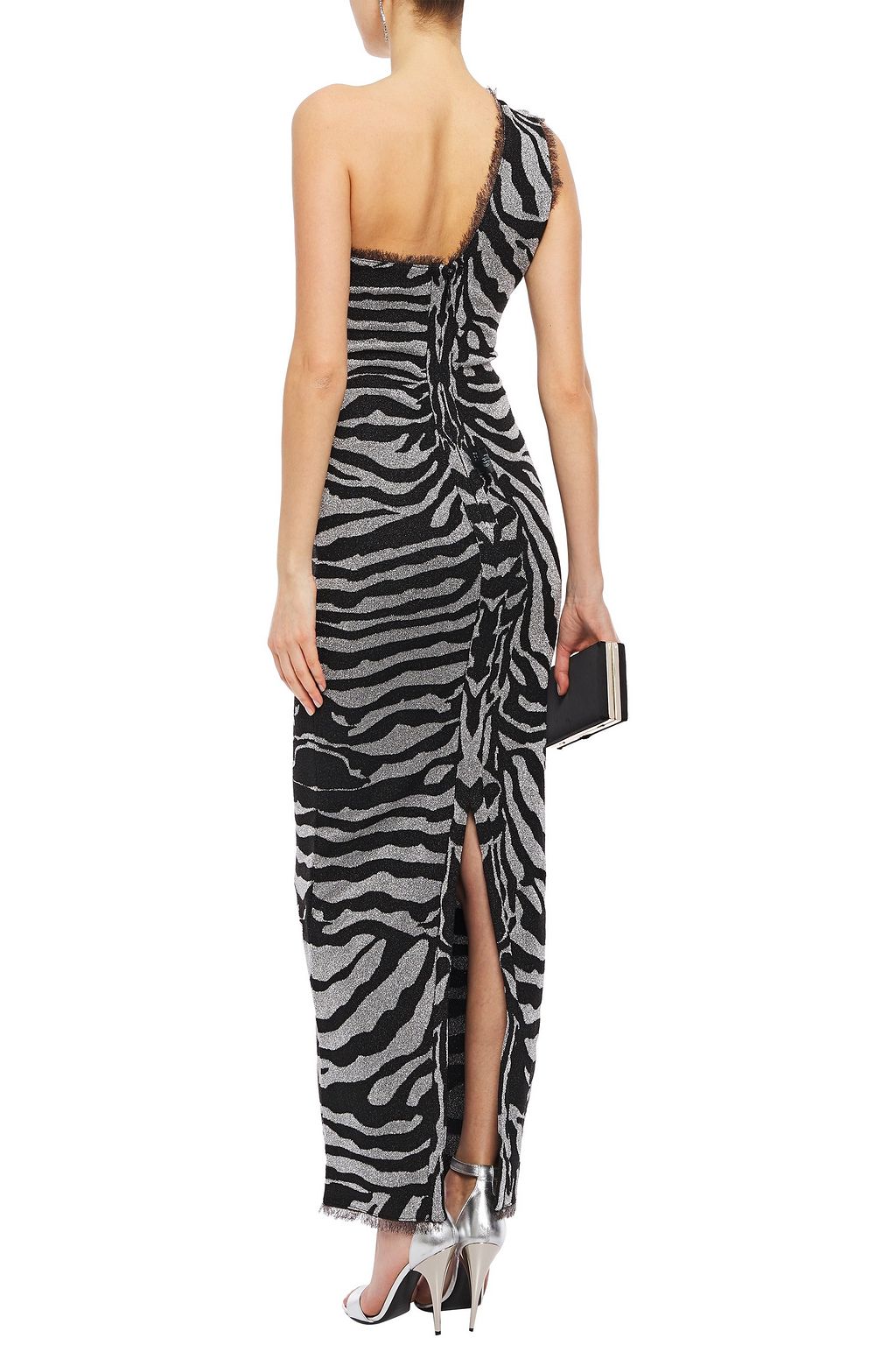HERVÉ LÉGER One-shoulder frayed metallic zebra-jacquard gown