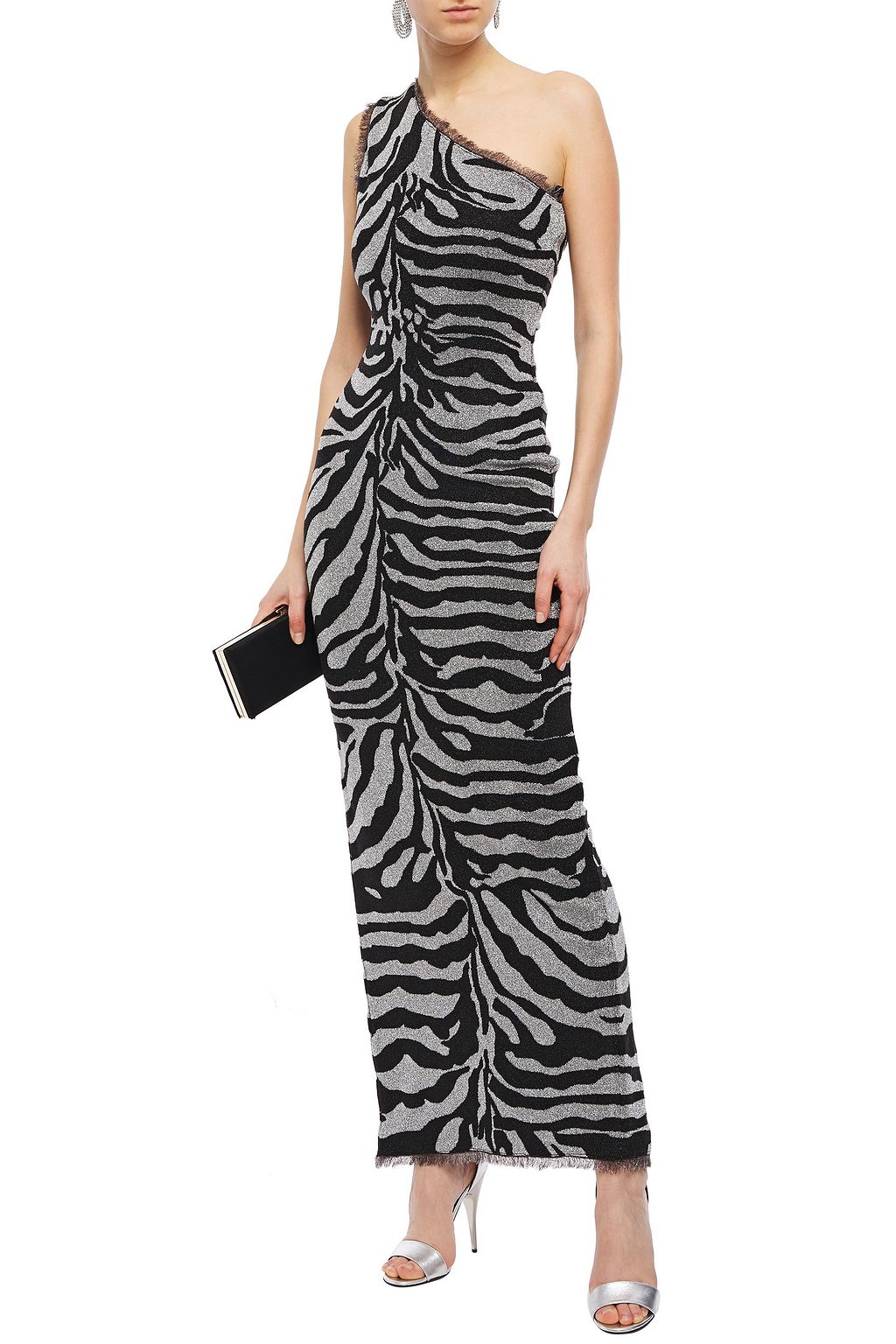 HERVÉ LÉGER One-shoulder frayed metallic zebra-jacquard gown