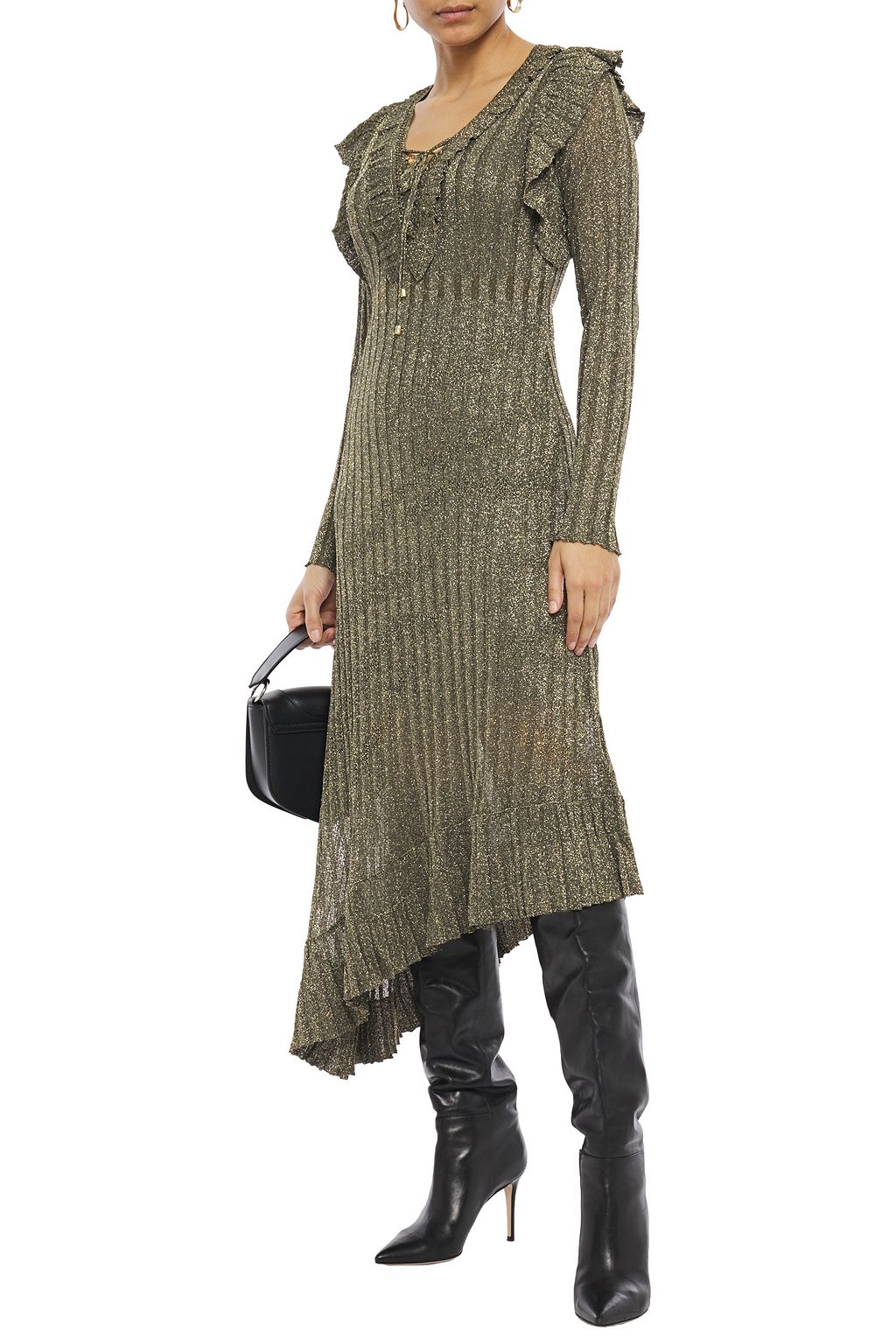 JUST CAVALLI Lace-up metallic ribbed-knit midi dress