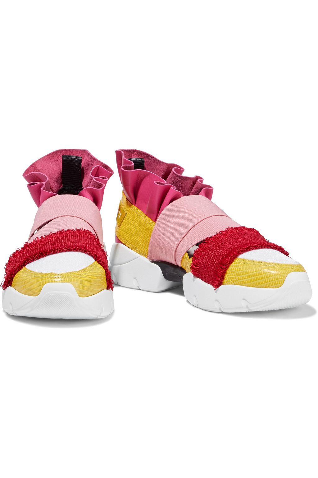 PUCCI City Up neoprene-paneled ruffled smooth and lizard-effect leather slip-on sneakers