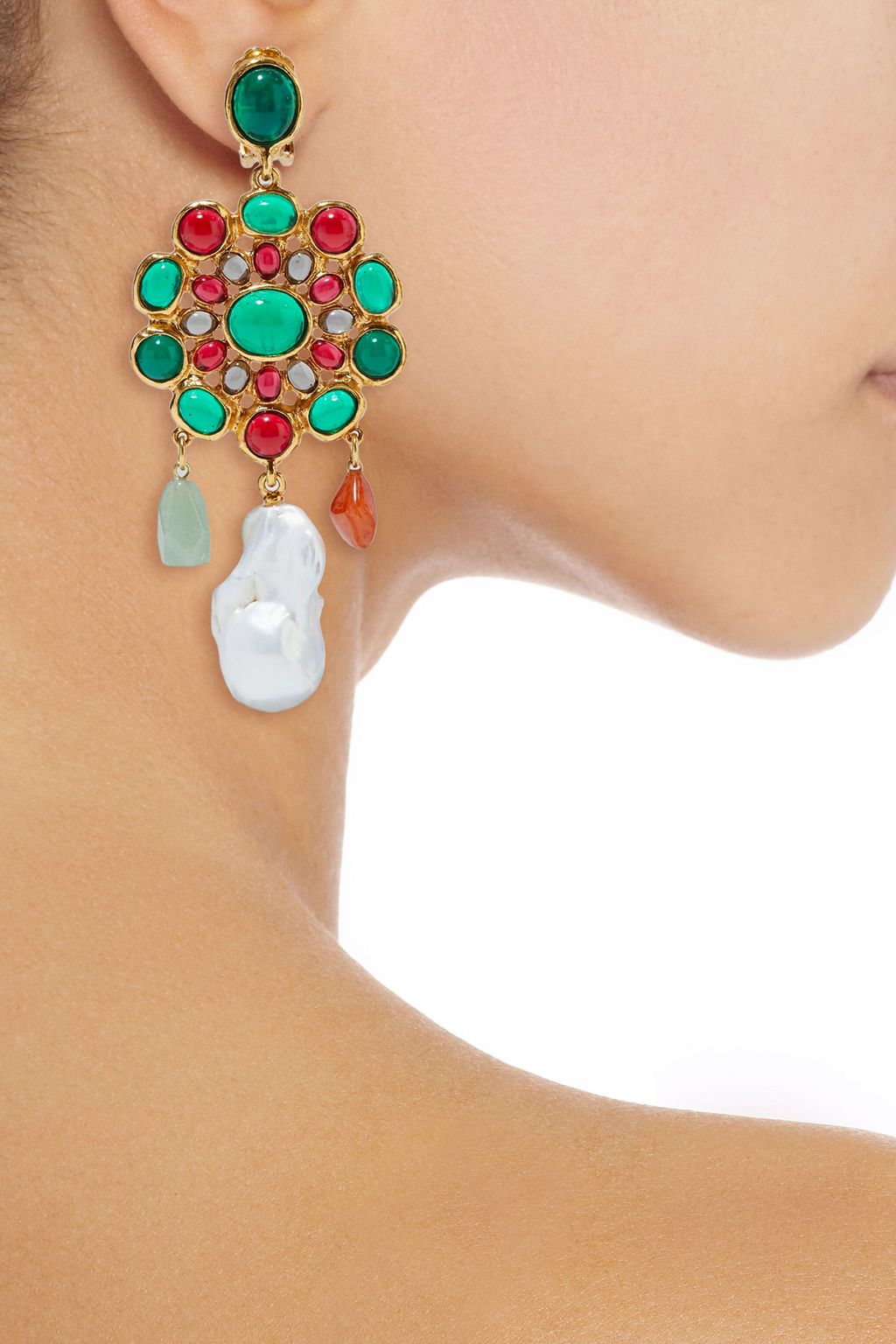 OSCAR DE LA RENTA Gold-tone, freshwater pearl, stone and resin clip earrings