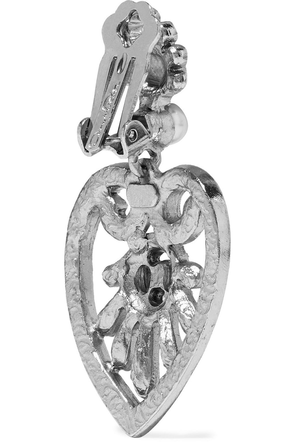 OSCAR DE LA RENTA Heart Drop silver-tone, faux pearl and crystal clip earrings