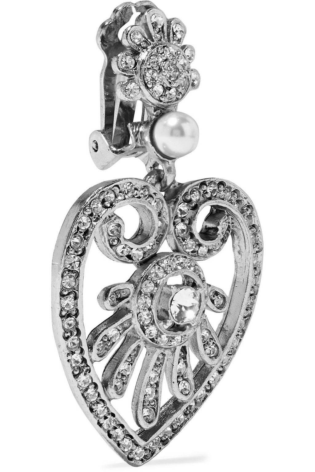 OSCAR DE LA RENTA Heart Drop silver-tone, faux pearl and crystal clip earrings