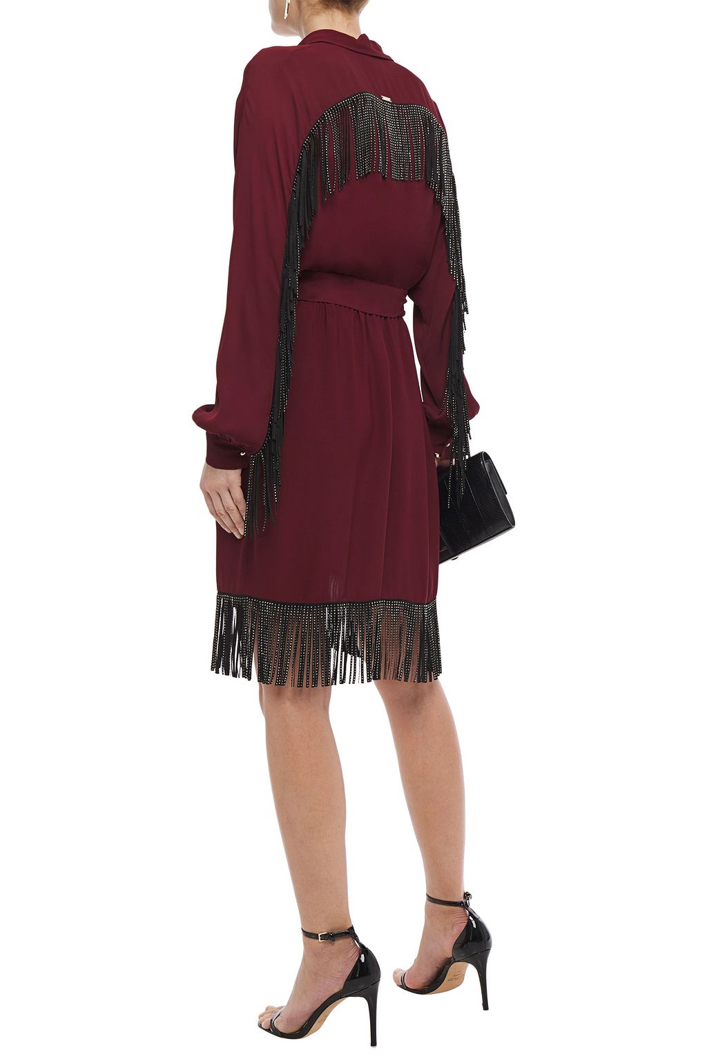 JUST CAVALLI Crystal-embellished fringed crepe shirt dress