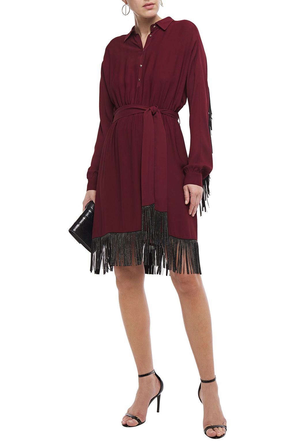 JUST CAVALLI Crystal-embellished fringed crepe shirt dress