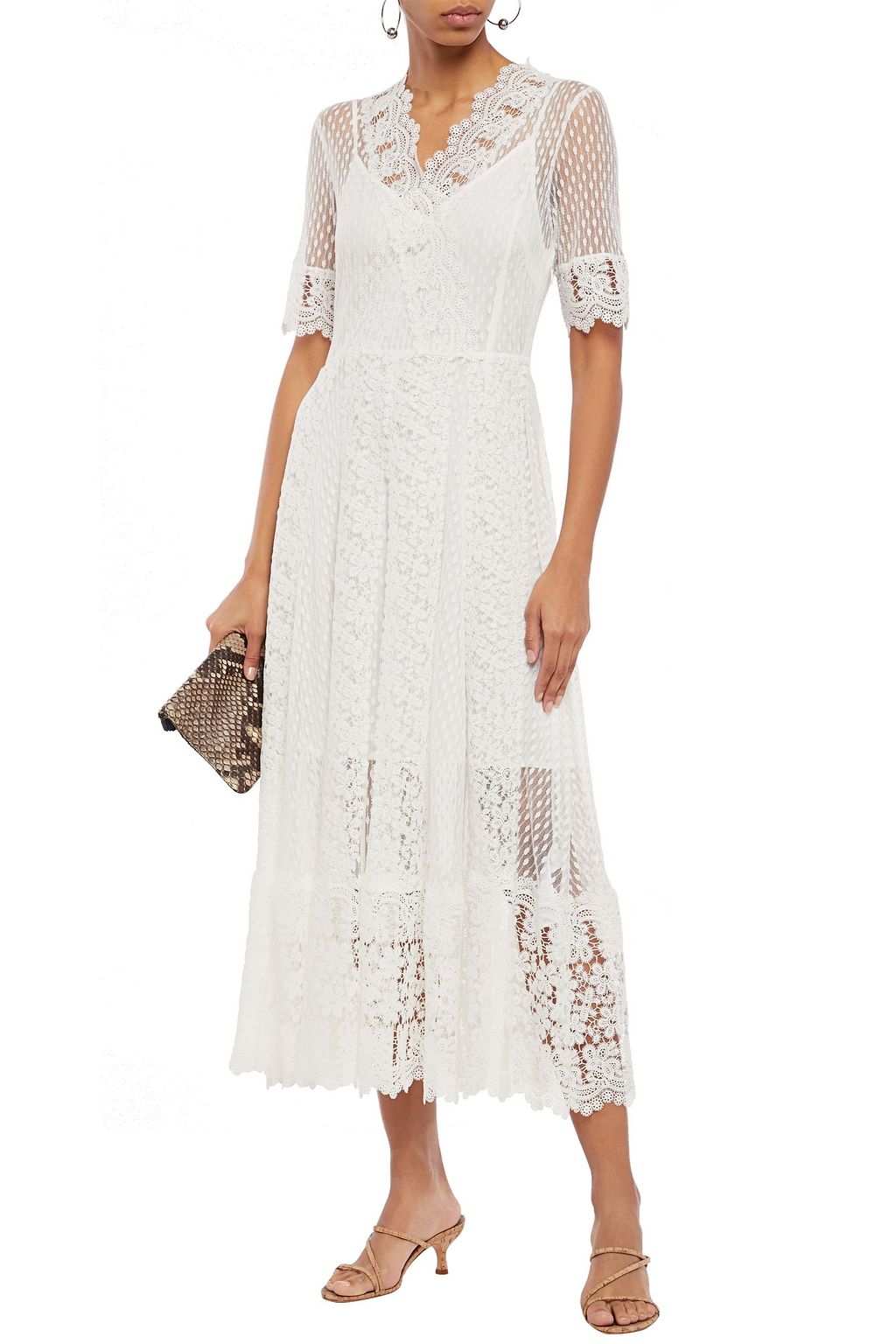 MAJE Cotton-blend point d'esprit and guipure lace midi dress
