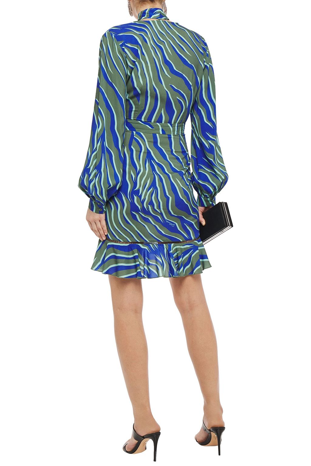 JUST CAVALLI Wrap-effect crystal-embellished zebra-print woven mini dress